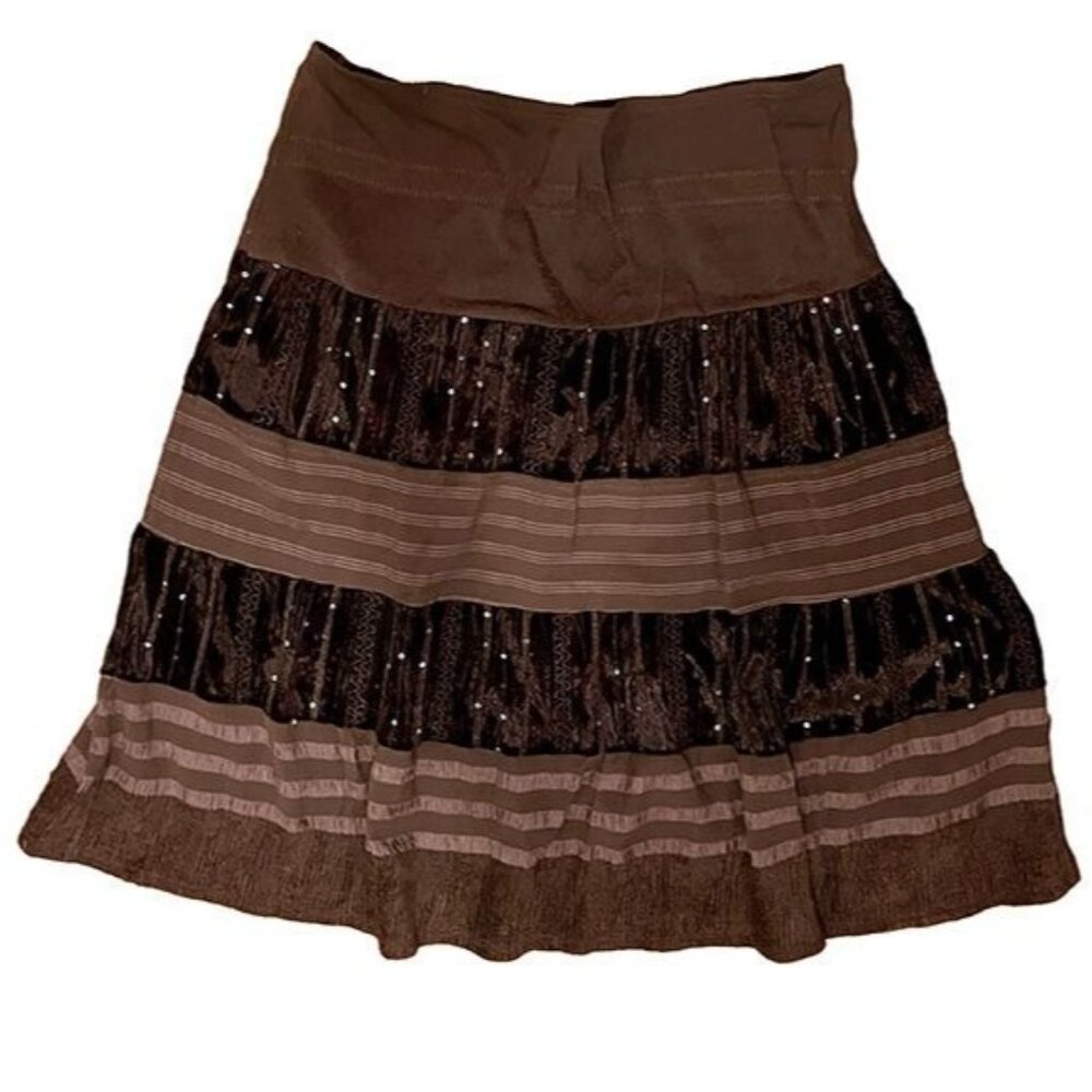 Vintage lagenlook boho brown midi skirt, velvet, embroidered, stretch waist XL